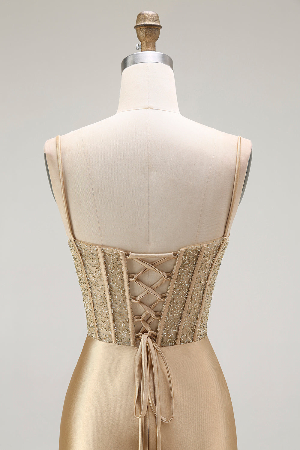 Sparkly Gold Corset Satin Long Mermaid Prom Dress with Slit