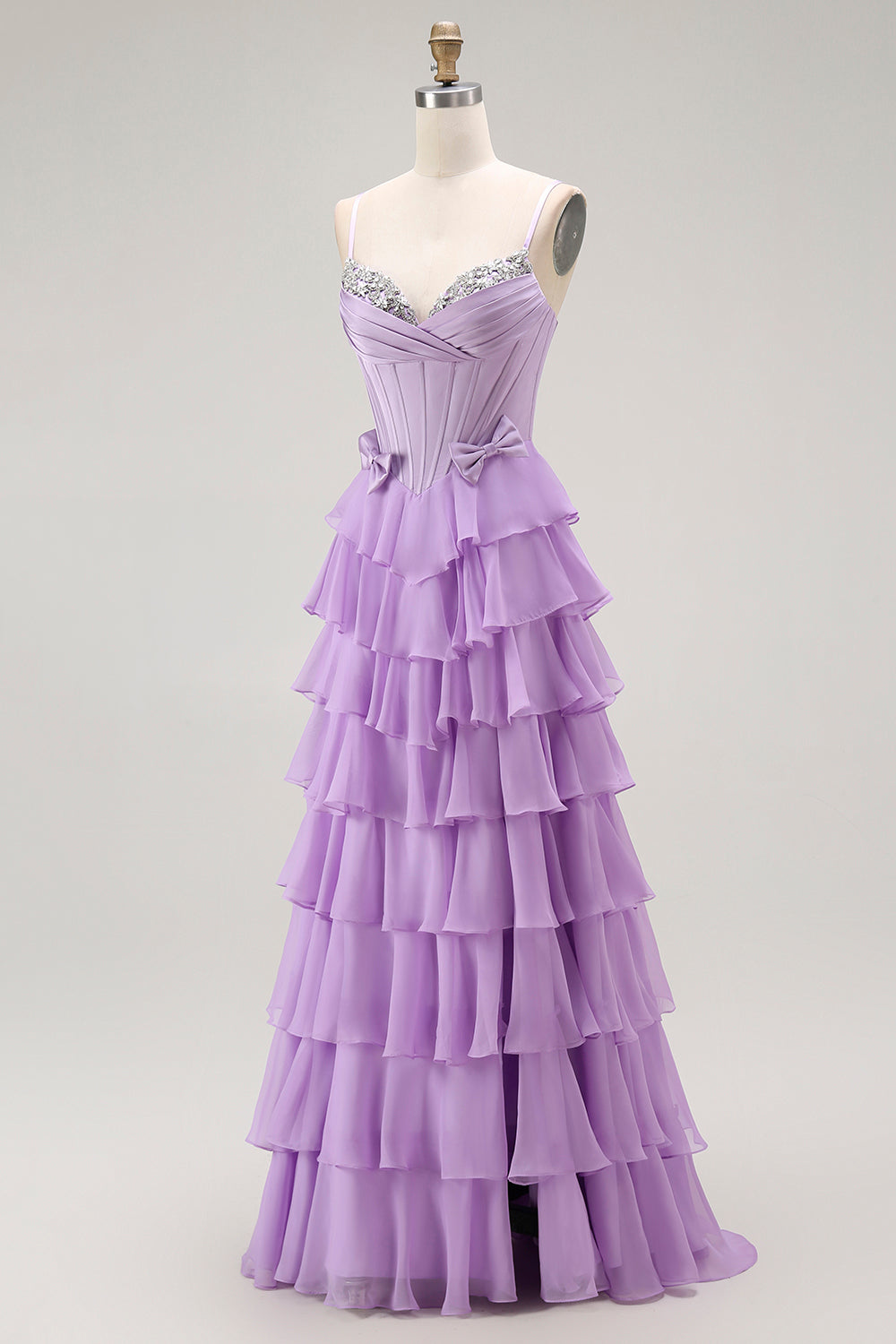 Purple Chiffon A-Line Strapless Long Corset Prom Dress with Bows