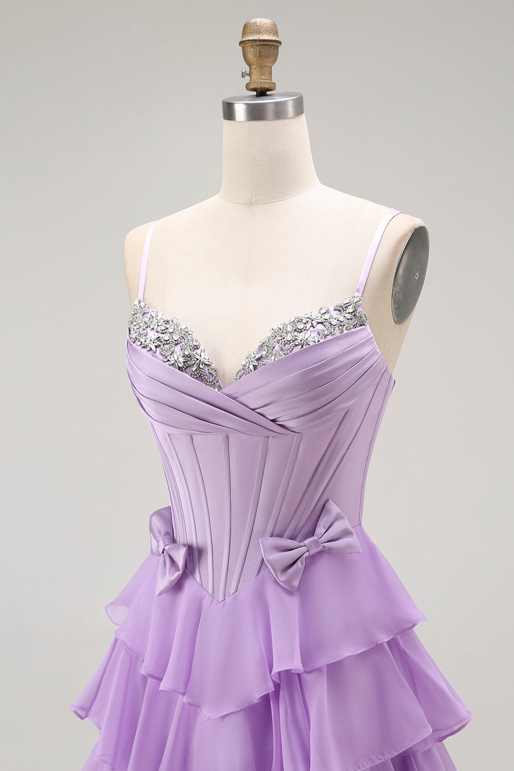 Purple Chiffon A-Line Strapless Long Corset Prom Dress with Bows
