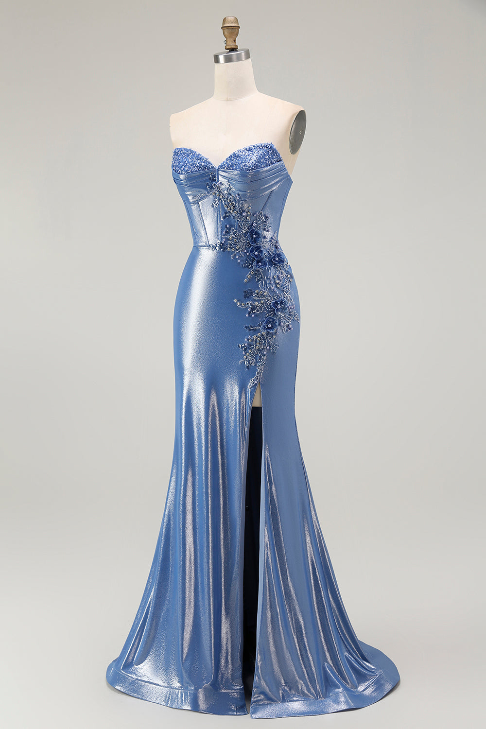 Sparkly Blue Corset Sweetheart Beaded Metallic Evening Dress with Slit