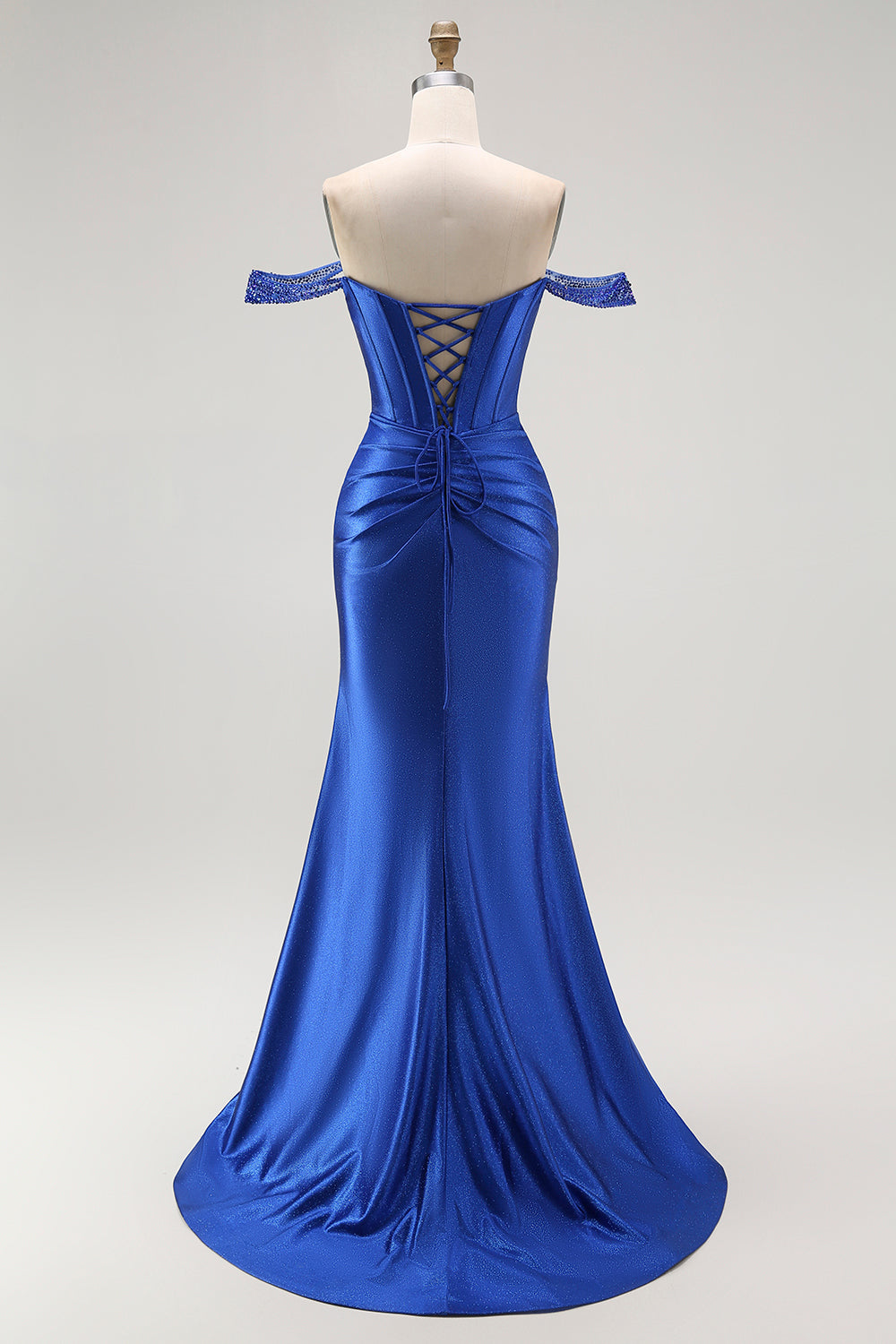 Sparkly Royal Blue Corset Off the Shoulder Long Satin Prom Dress with Slit