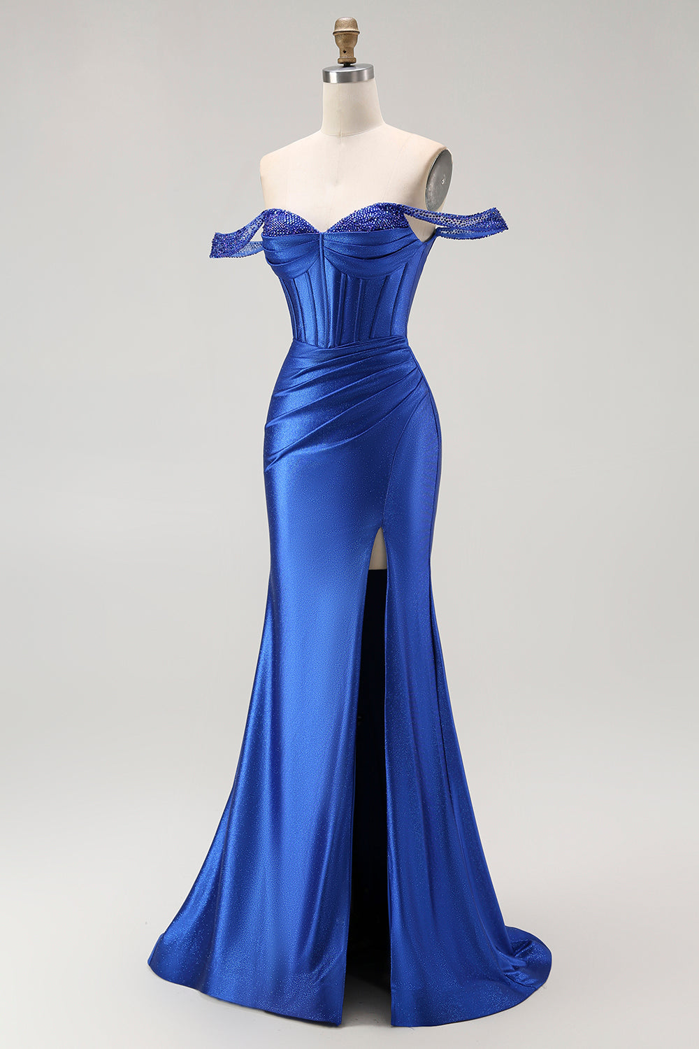 Sparkly Royal Blue Corset Off the Shoulder Long Satin Prom Dress with Slit