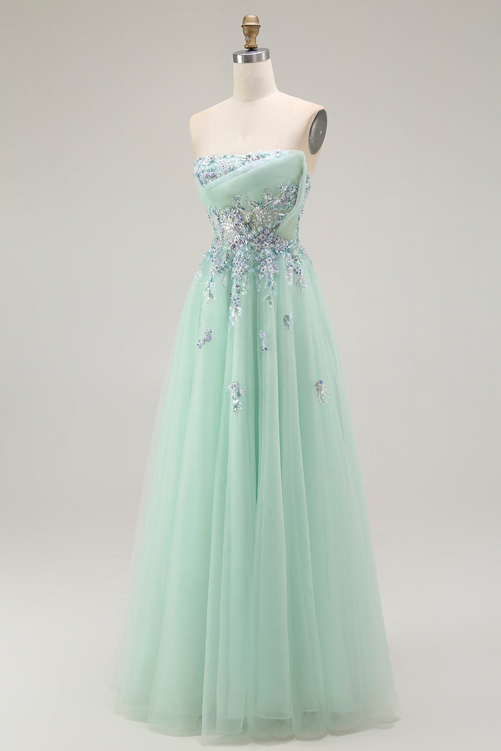 Green Strapless A-Line Long Floral Prom Dress with Appliques