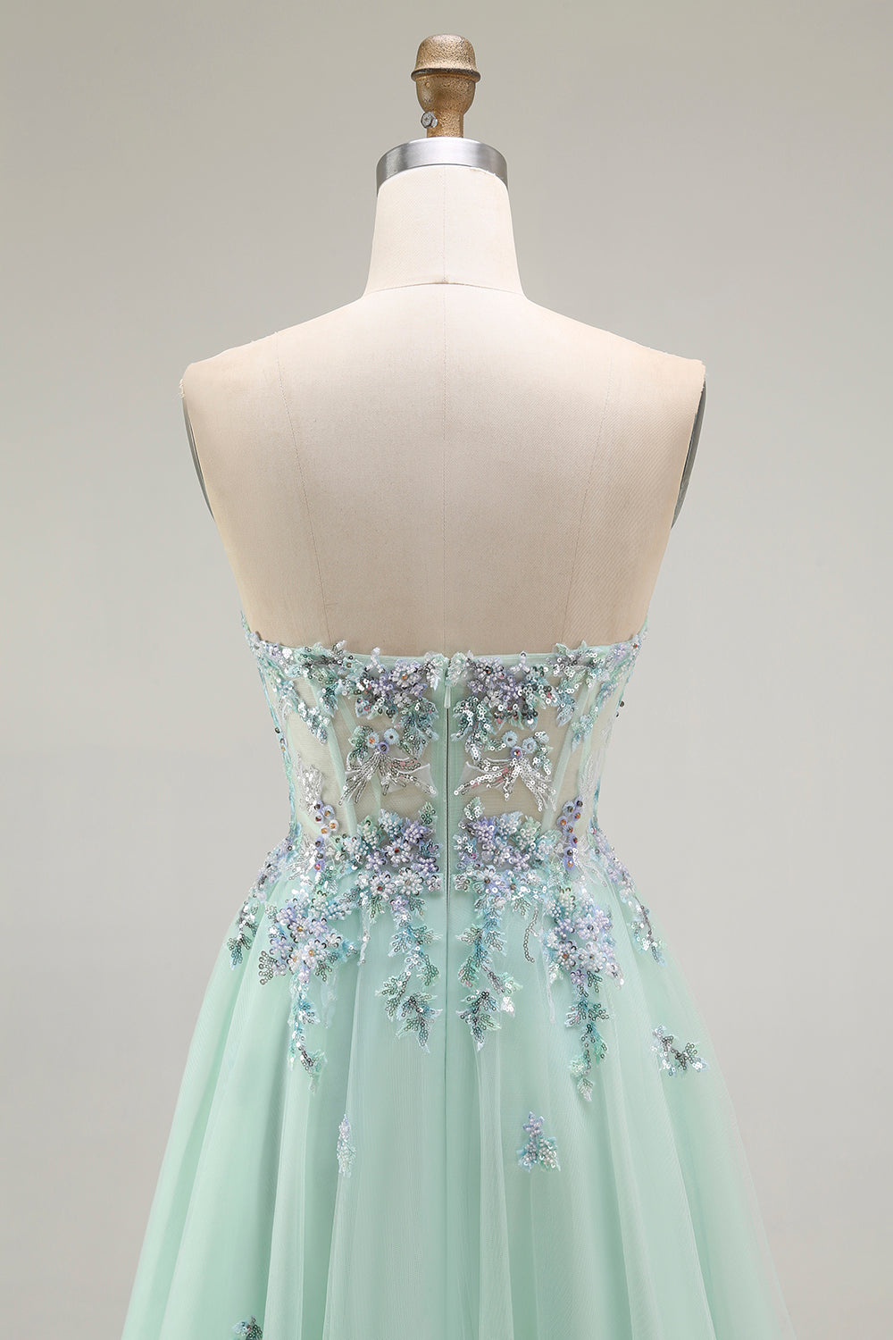 Green Strapless A-Line Long Floral Prom Dress with Appliques
