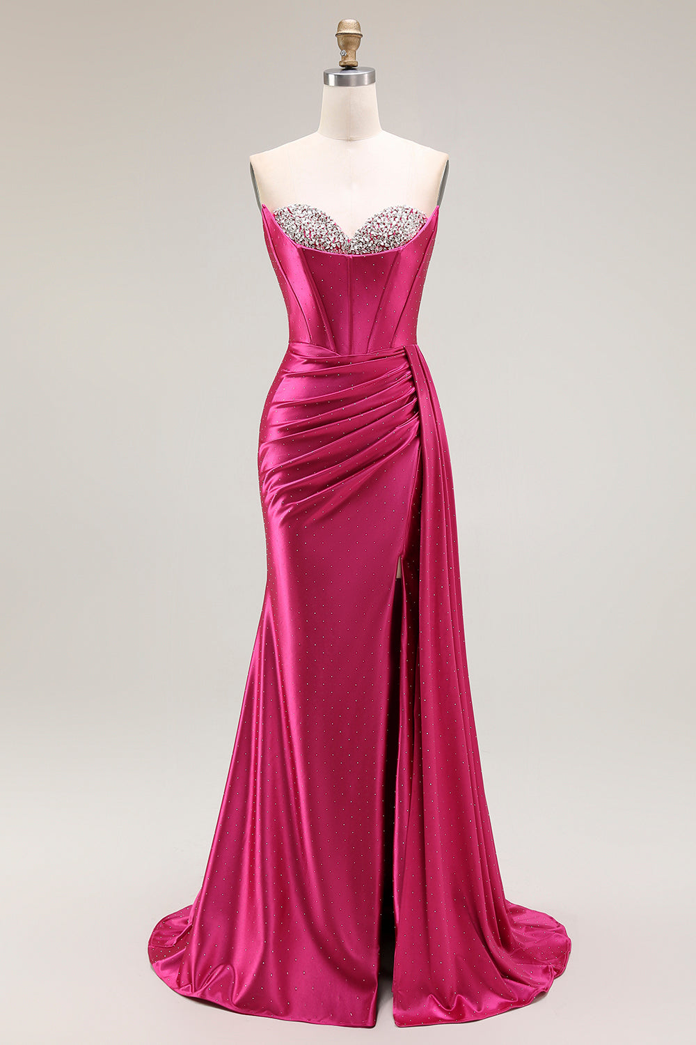 Sparkly Fuchsia Satin Mermaid Strapless Ruched Long Corset Prom Dress