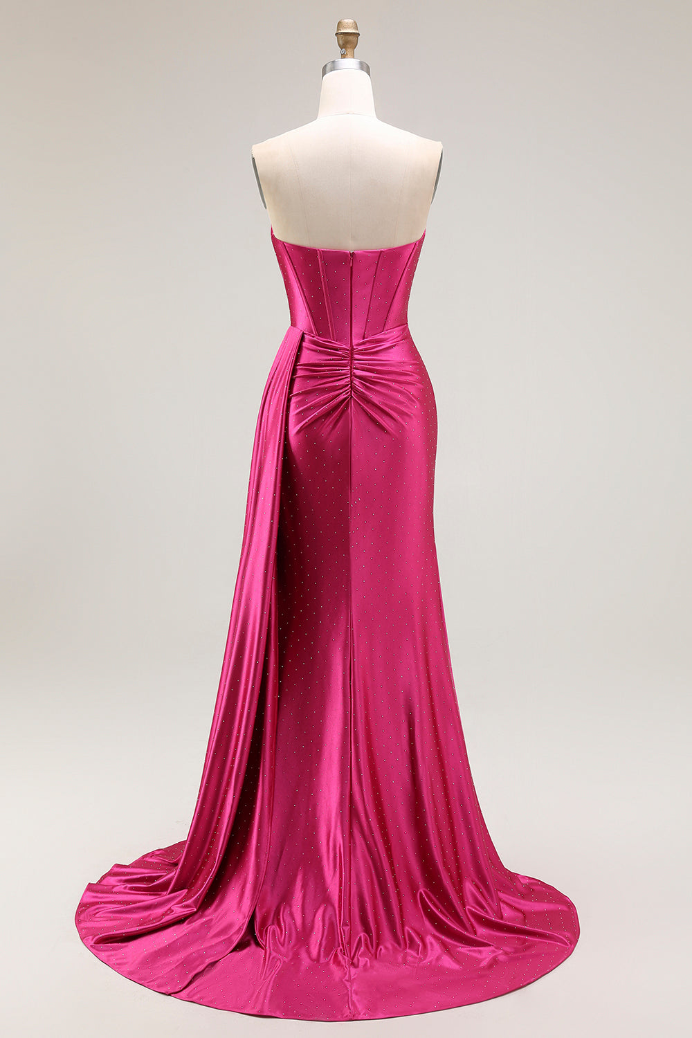 Sparkly Fuchsia Satin Mermaid Strapless Ruched Long Corset Prom Dress