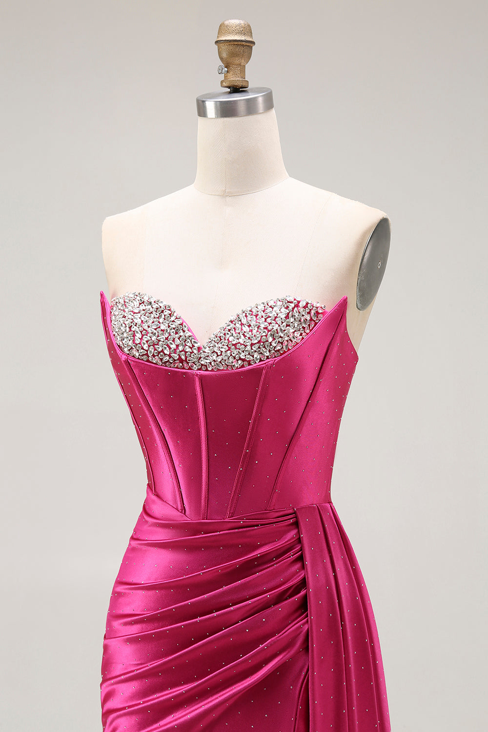 Sparkly Fuchsia Satin Mermaid Strapless Ruched Long Corset Prom Dress