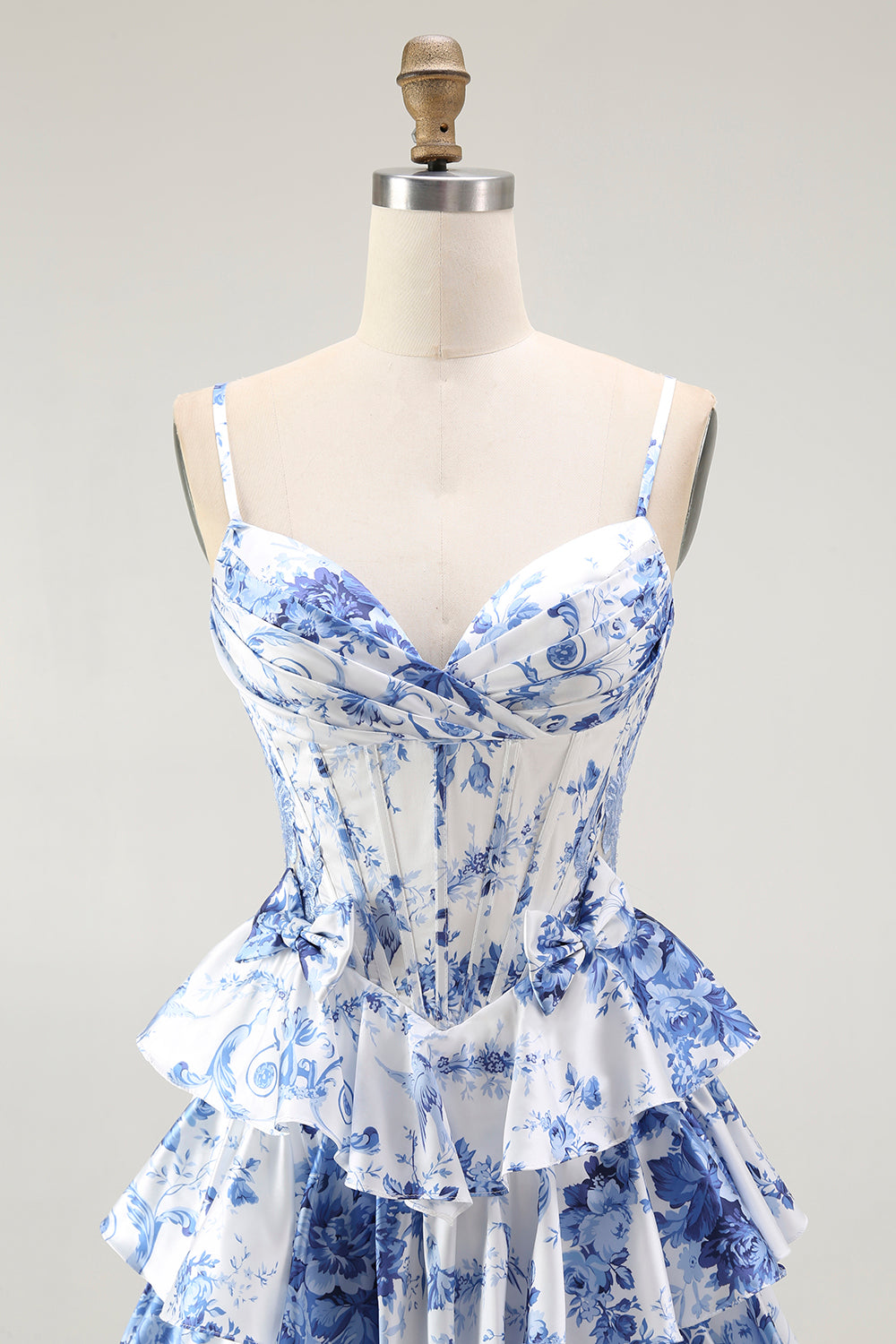 White Blue Flower A Line Ruffled Corset Long Wedding Guest Dress with Slit