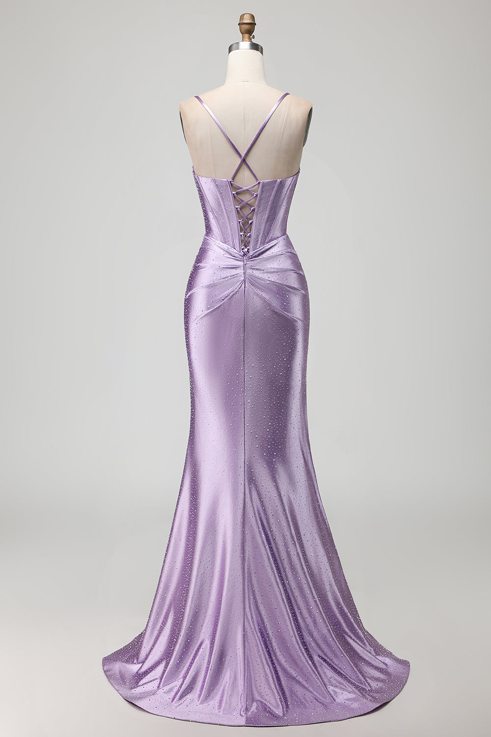 Sparkly Purple Satin Beaded Mermaid Long Corset Prom Dress with Slit