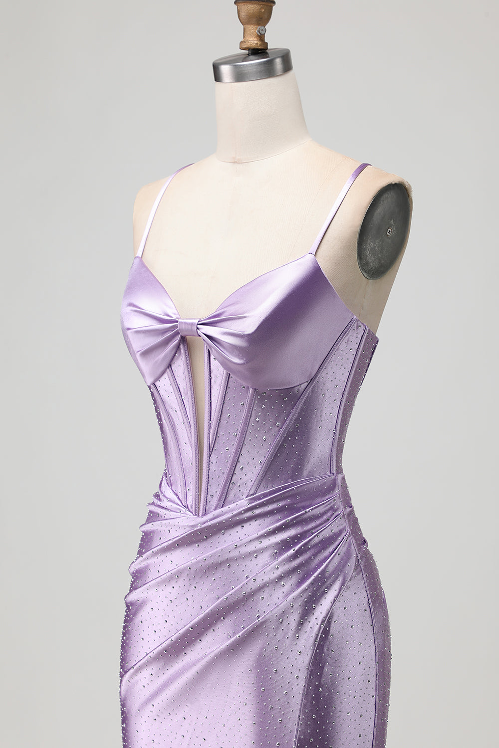 Sparkly Purple Satin Beaded Mermaid Long Corset Prom Dress with Slit