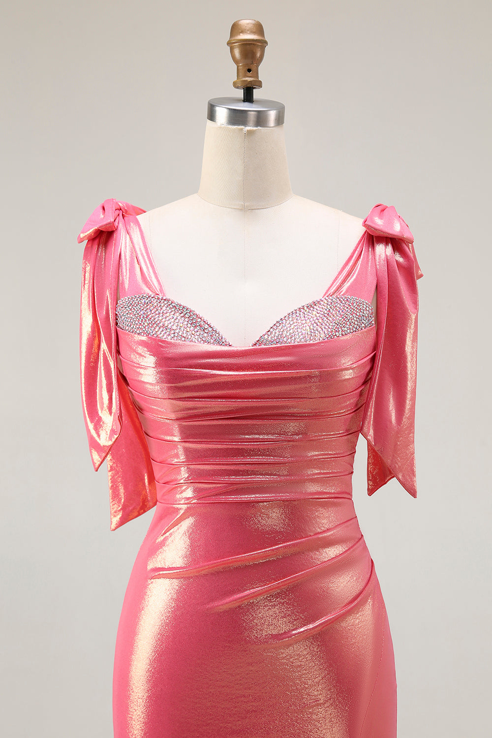 Sparkly Coral Mermaid Metallic Long Beaded Prom Dress with Slit