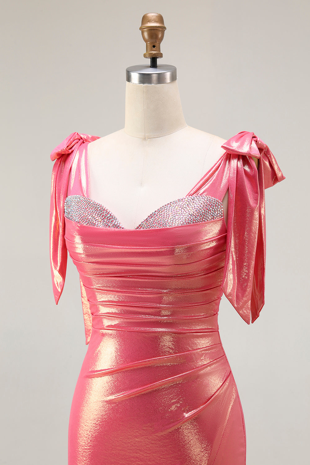 Sparkly Coral Mermaid Metallic Long Beaded Prom Dress with Slit