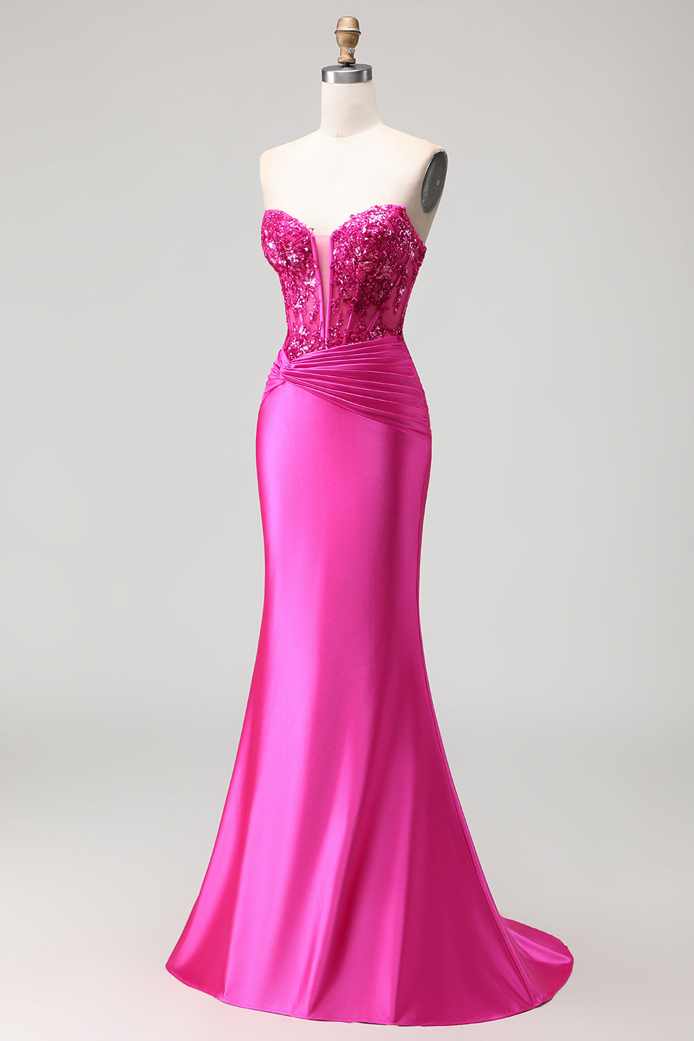 Sparkly Fuchsia Mermaid Strapless Long Corset Prom Dress with Appliques