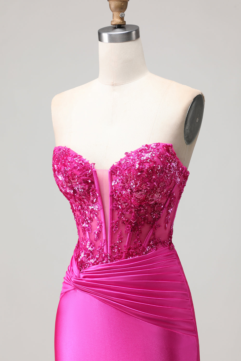 Sparkly Fuchsia Mermaid Strapless Long Corset Prom Dress with Appliques