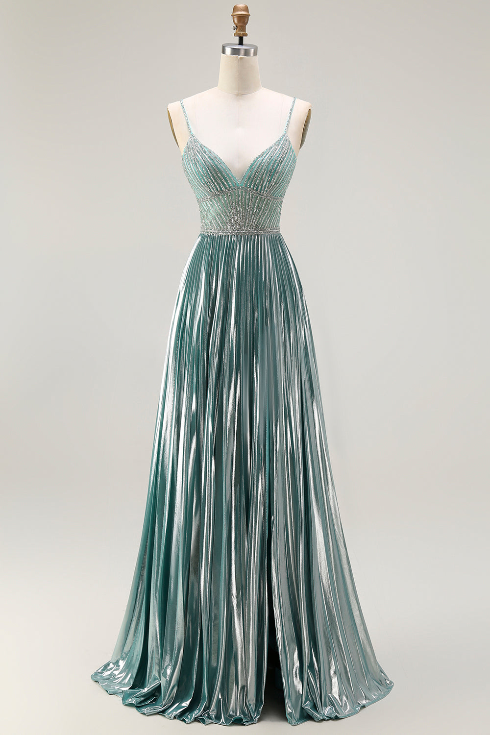 Sparkly Grey Green A Line Metallic Long Corset Prom Dress with Slit