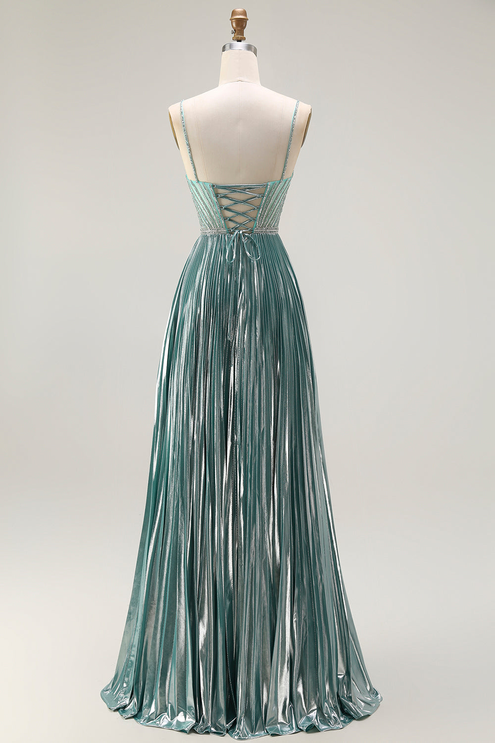 Sparkly Grey Green A Line Metallic Long Corset Prom Dress with Slit