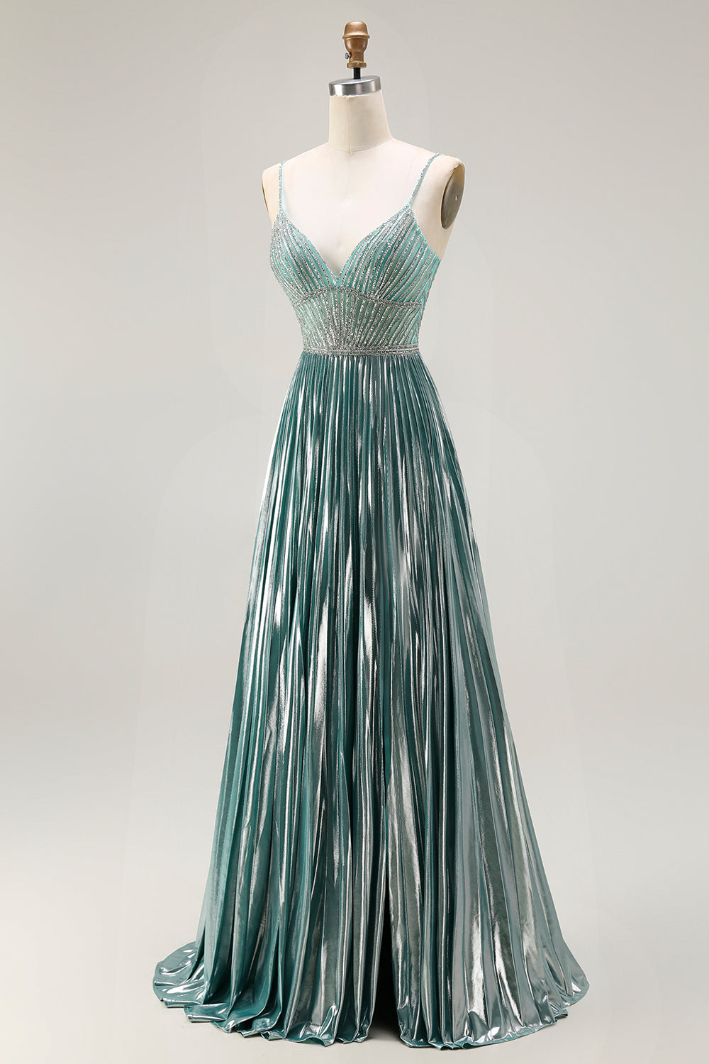 Sparkly Grey Green A Line Metallic Long Corset Prom Dress with Slit