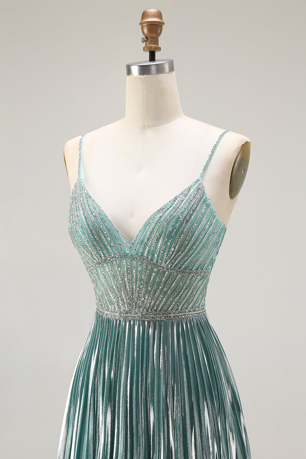 Sparkly Grey Green A Line Metallic Long Corset Prom Dress with Slit