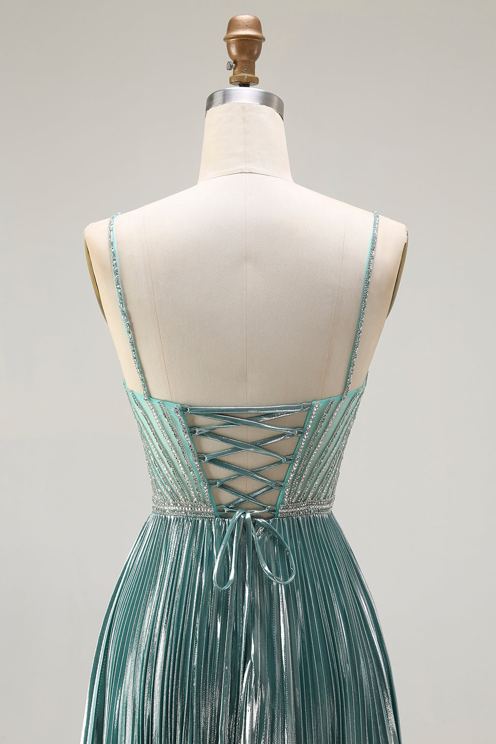 Sparkly Grey Green A Line Metallic Long Corset Prom Dress with Slit