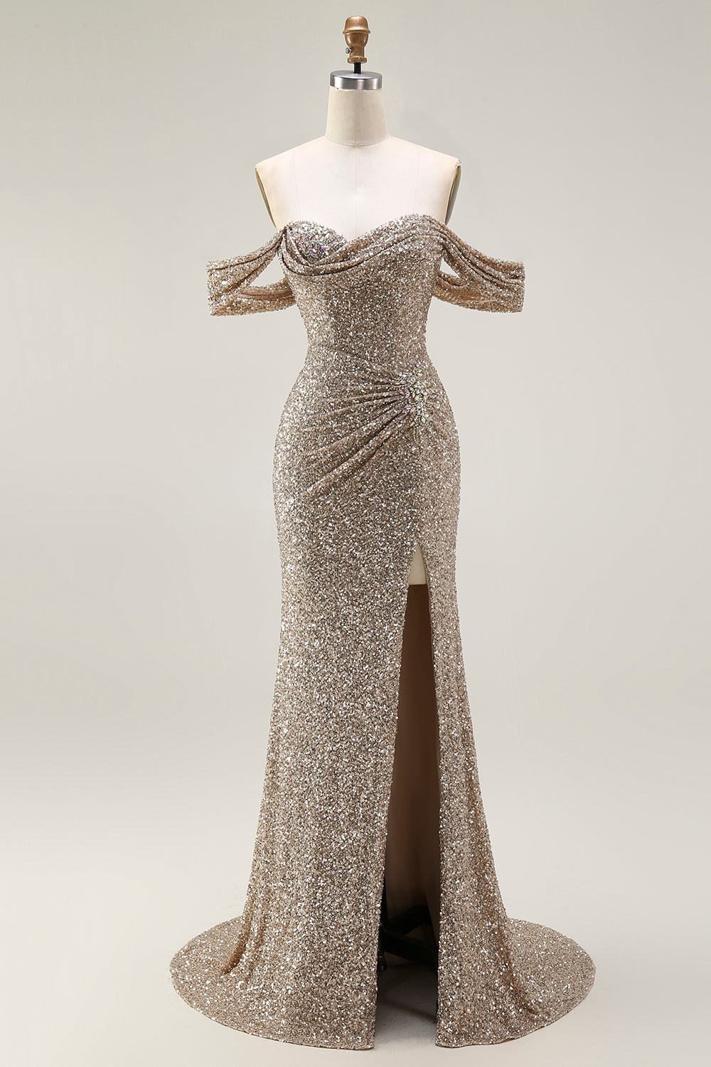 Sparkly Champagne Mermaid Off the Shoulder Long Prom Dress with Slit