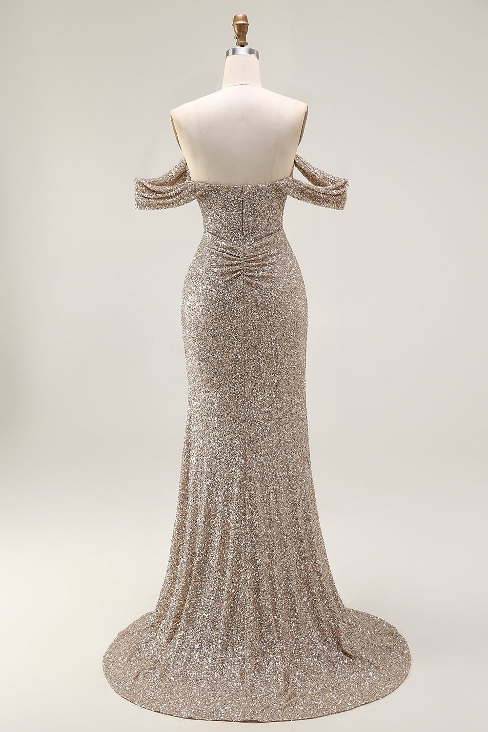 Sparkly Champagne Mermaid Off the Shoulder Long Prom Dress with Slit