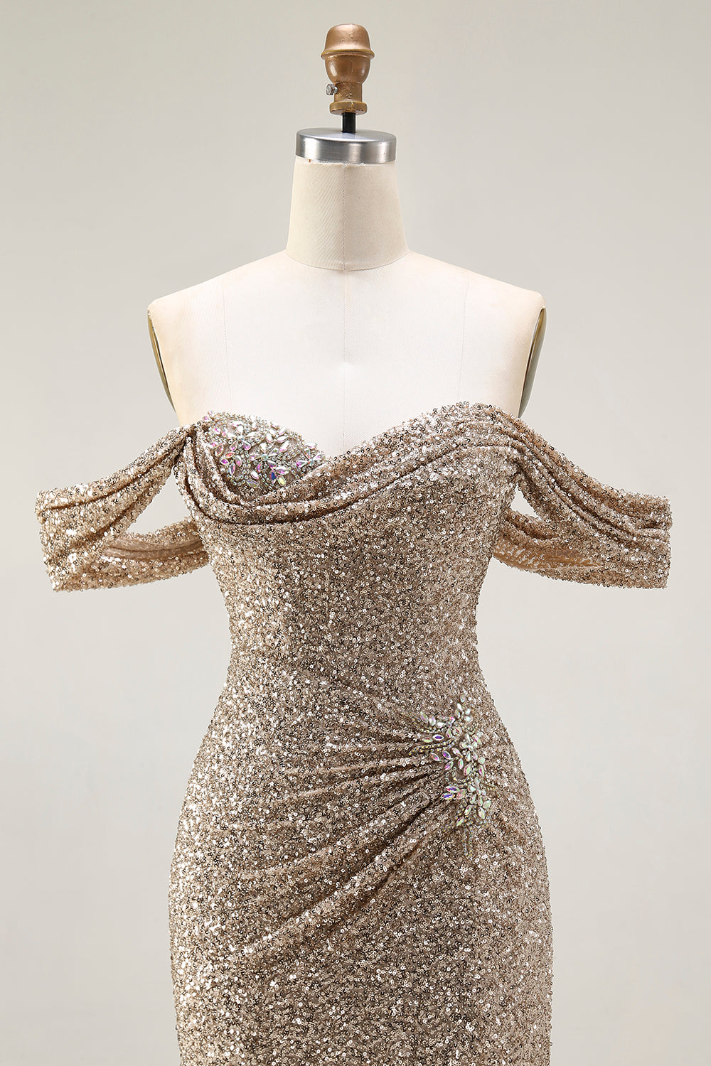Sparkly Champagne Mermaid Off the Shoulder Long Prom Dress with Slit