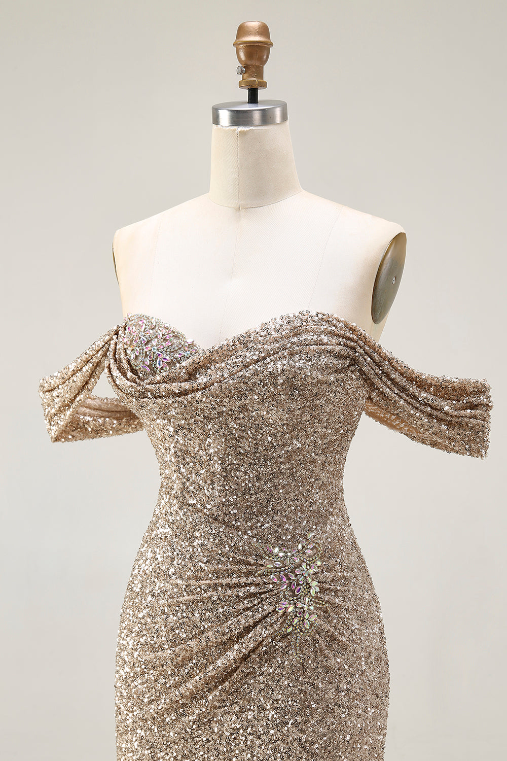 Sparkly Champagne Mermaid Off the Shoulder Long Prom Dress with Slit