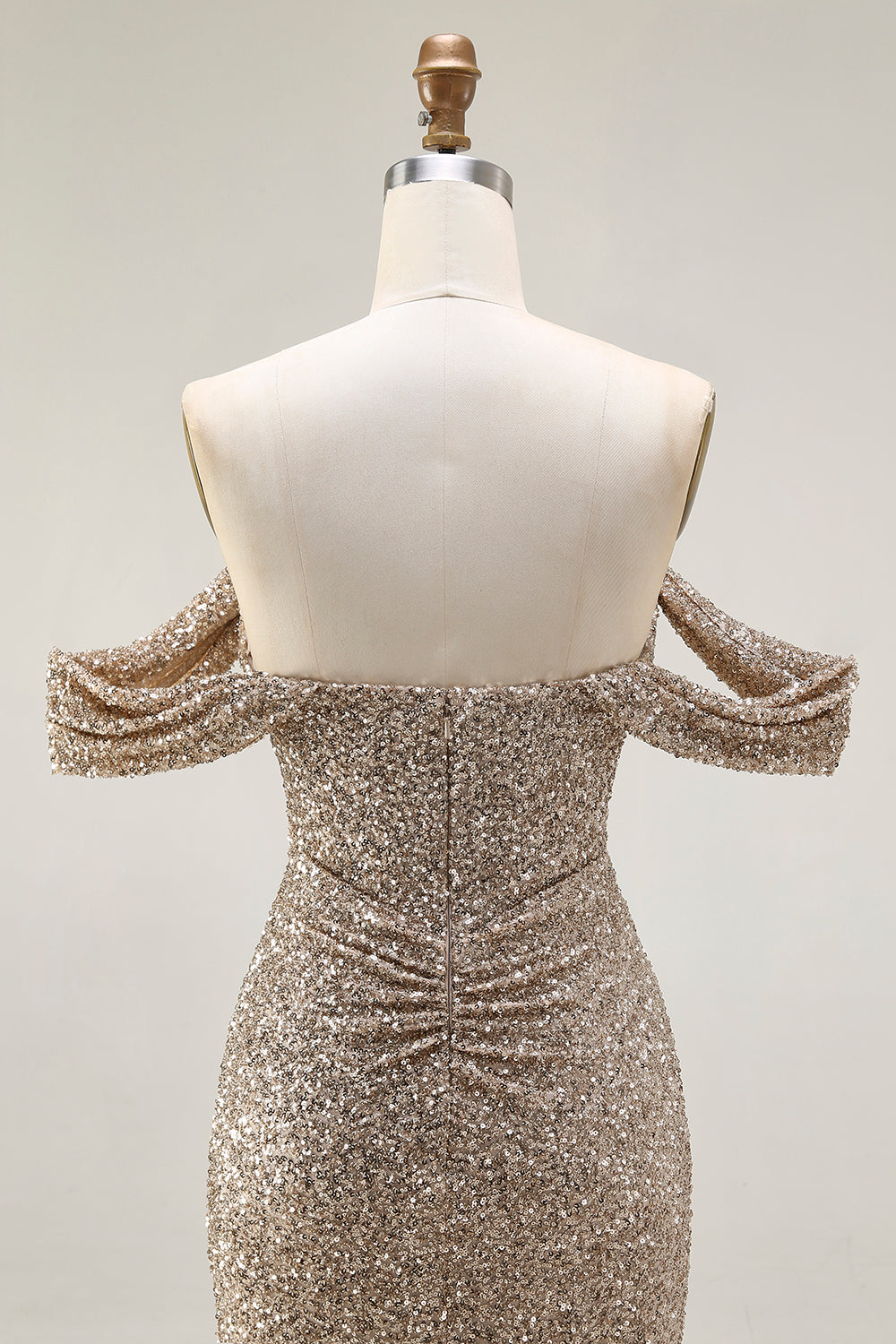 Sparkly Champagne Mermaid Off the Shoulder Long Prom Dress with Slit