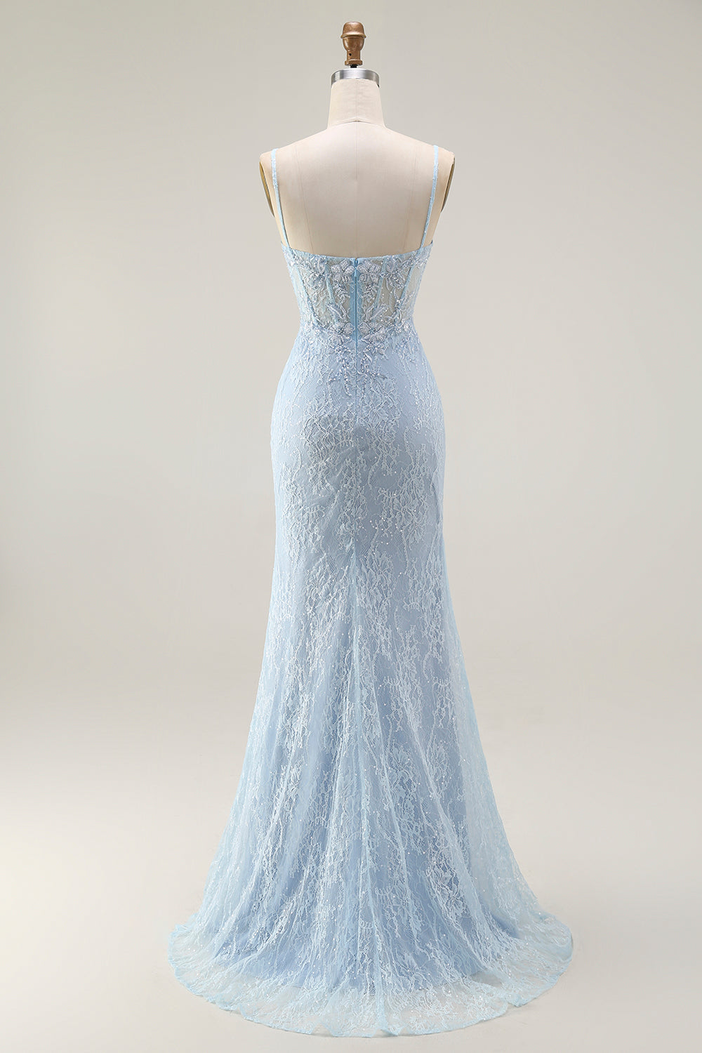 Sparkly Blue Mermaid Lace Corset Long Prom Dress with Slit
