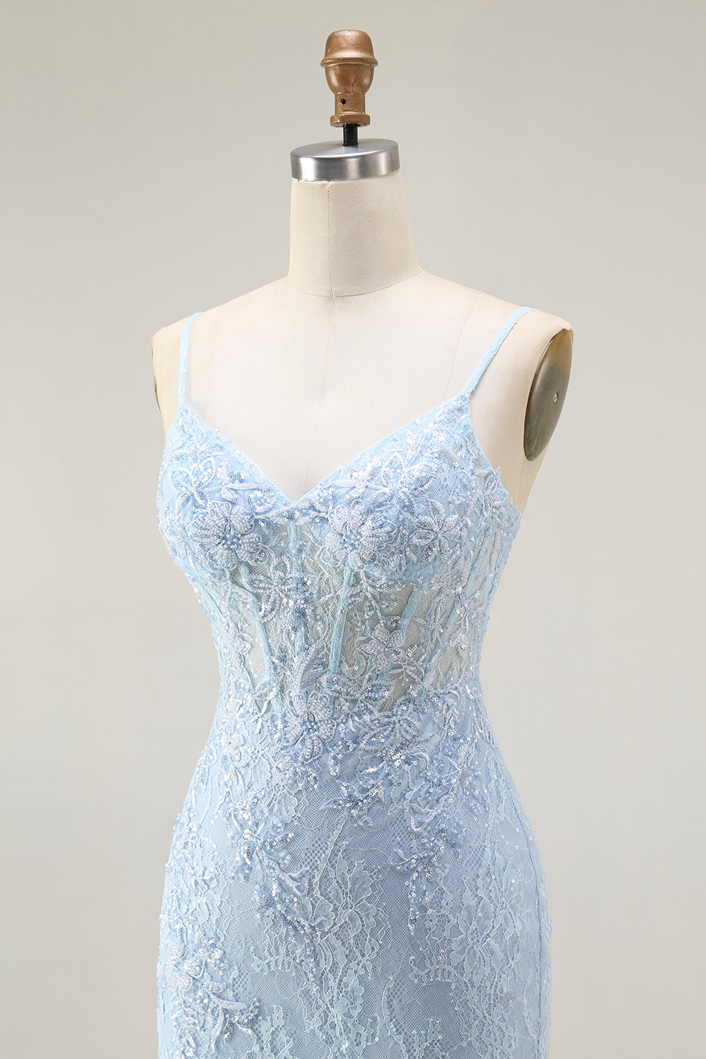 Sparkly Blue Mermaid Lace Corset Long Prom Dress with Slit
