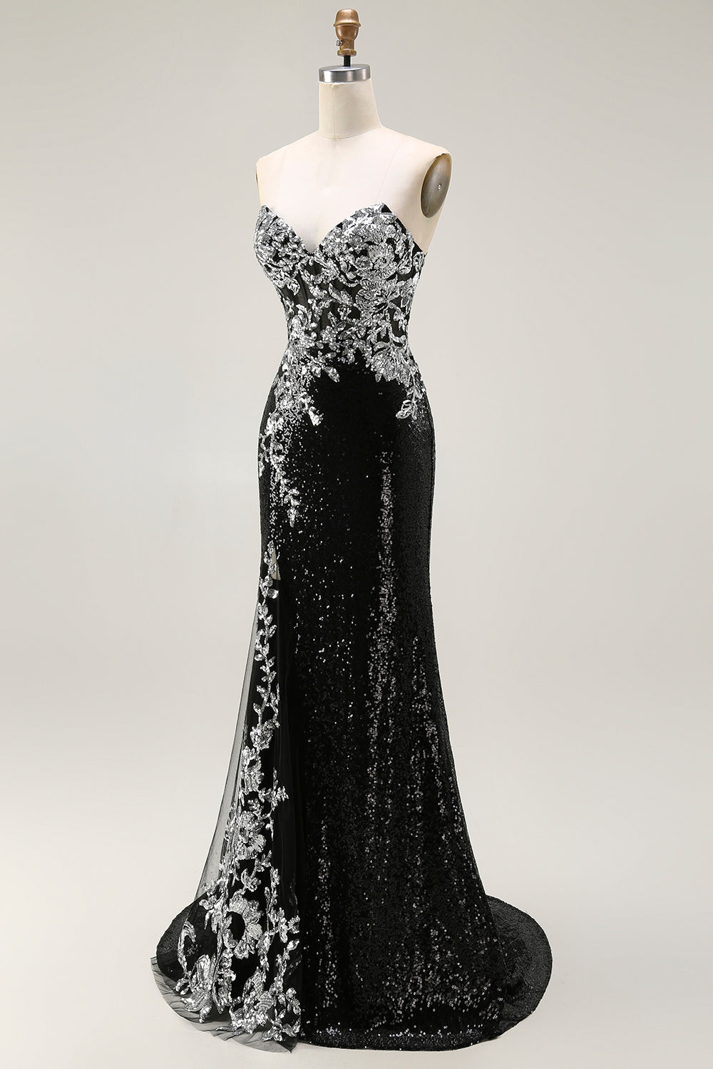 Sparkly Black Silver Strapless Mermaid Long Sequin Prom Dress