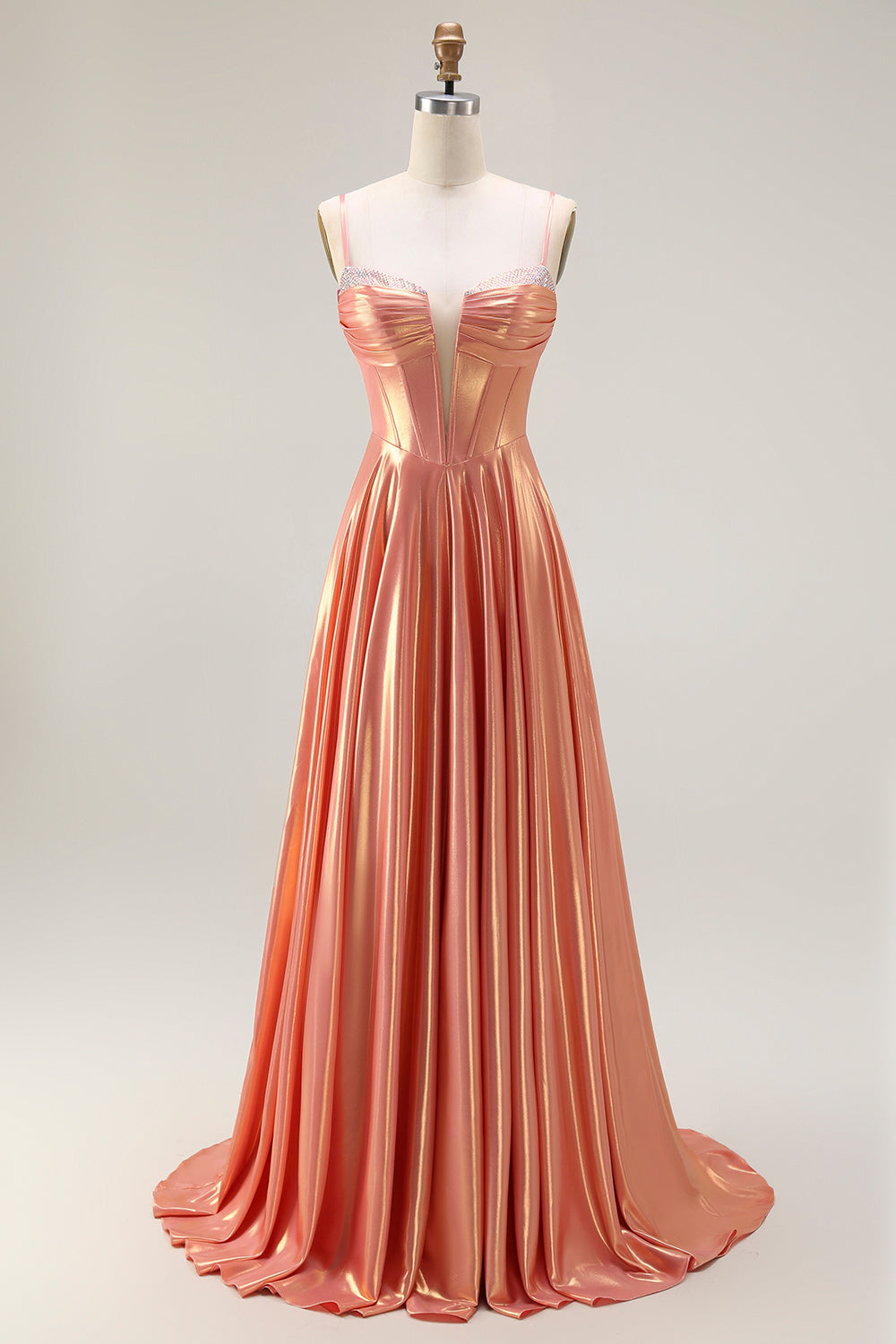Sparkly Orange Spaghetti Straps Metallic Corset Long Prom Dress