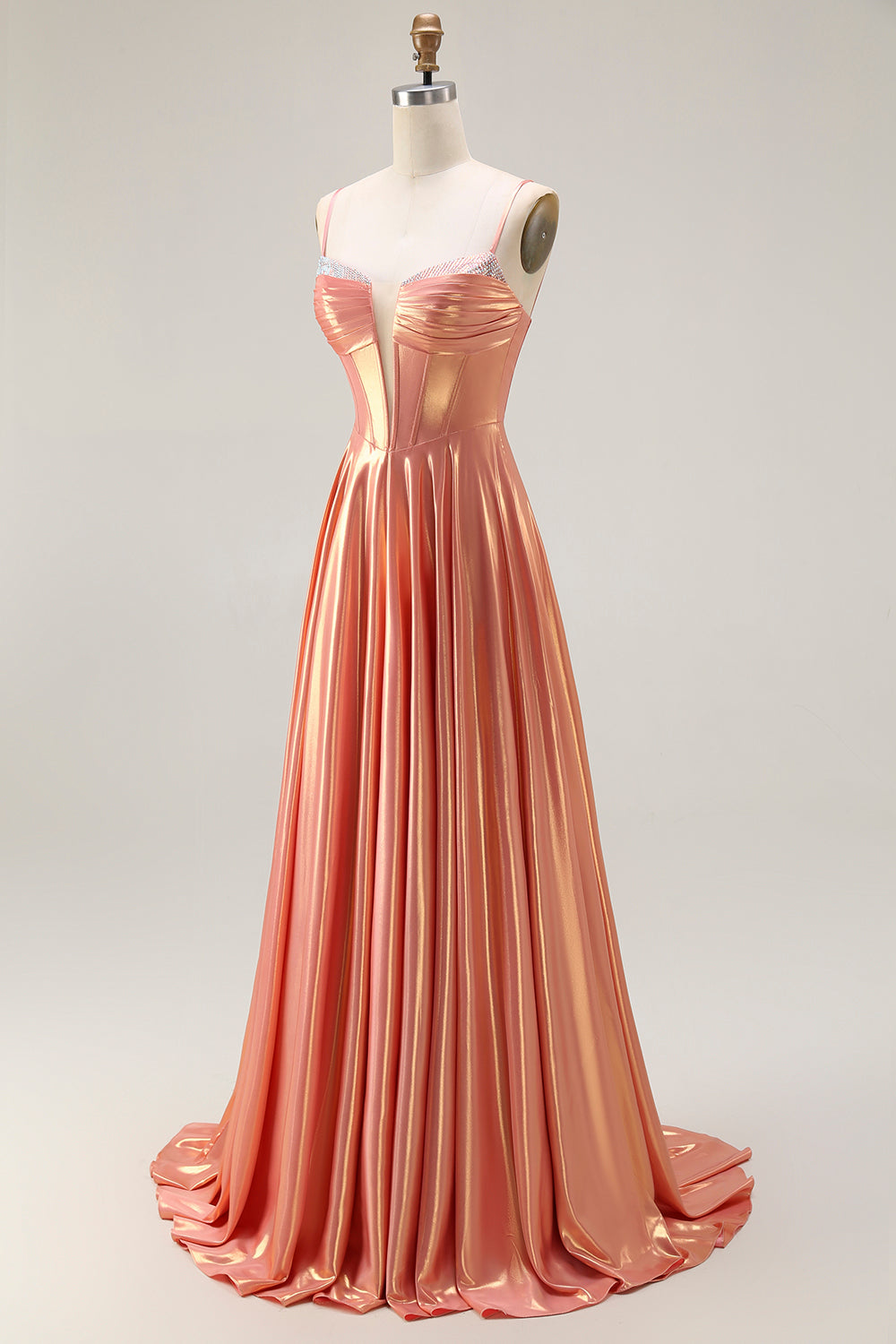 Sparkly Orange Spaghetti Straps Metallic Corset Long Prom Dress