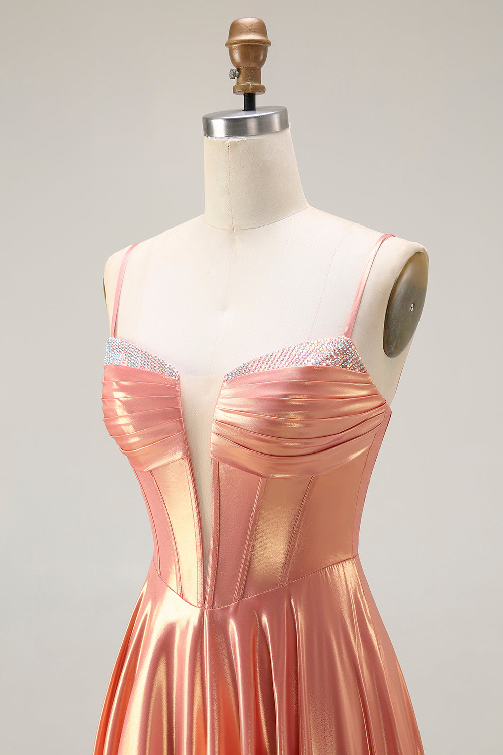 Sparkly Orange Spaghetti Straps Metallic Corset Long Prom Dress