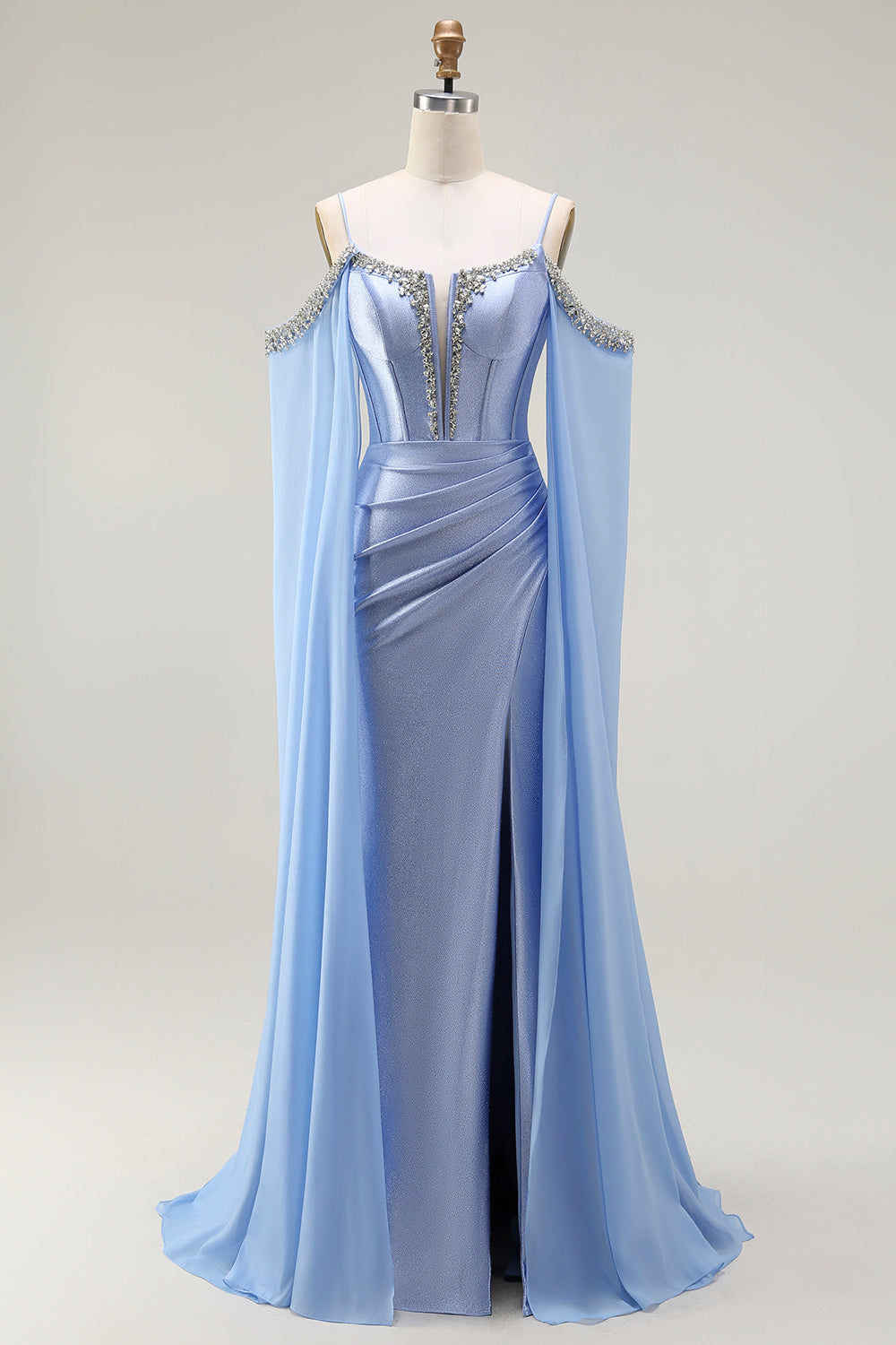 Sparkly Blue Mermaid Cold Shoulder Corset Long Prom Dress with Detachable Cape
