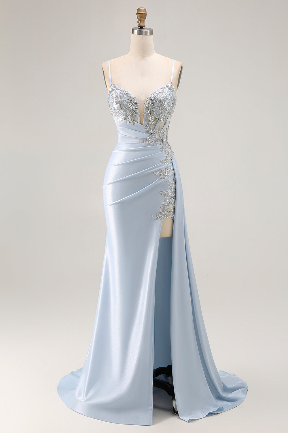 Sparkly Light Blue Mermaid Ruched Long Corset Prom Dress with Slit