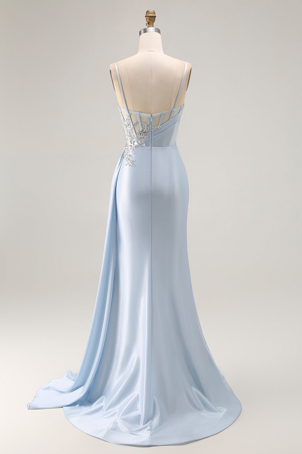 Sparkly Light Blue Mermaid Ruched Long Corset Prom Dress with Slit