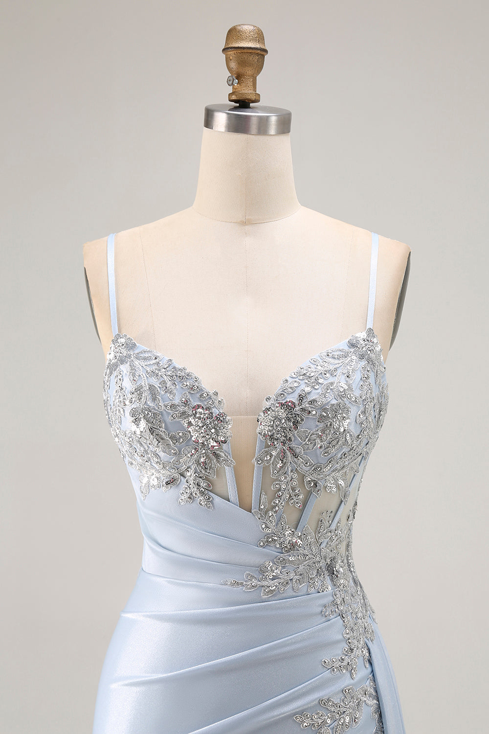Sparkly Light Blue Mermaid Ruched Long Corset Prom Dress with Slit