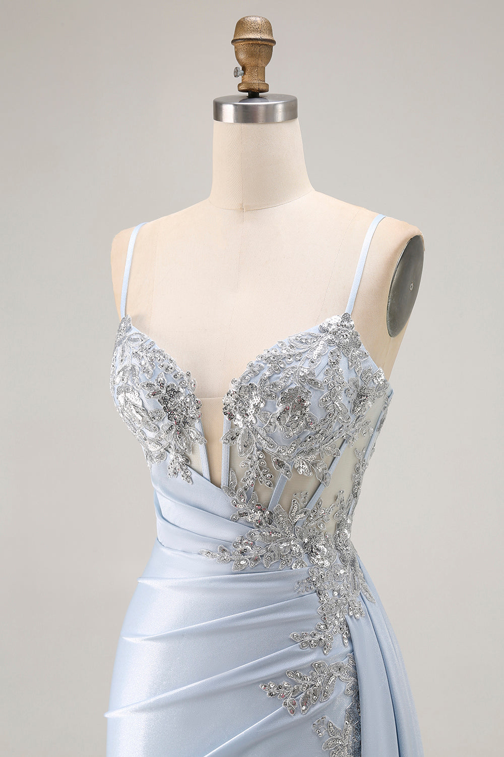 Sparkly Light Blue Mermaid Ruched Long Corset Prom Dress with Slit