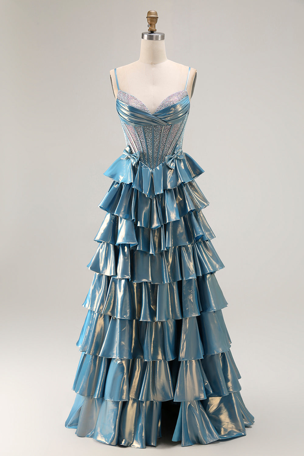 Metallic Blue A-Line Beaded Tiered Long Corset Prom Dress with Bow