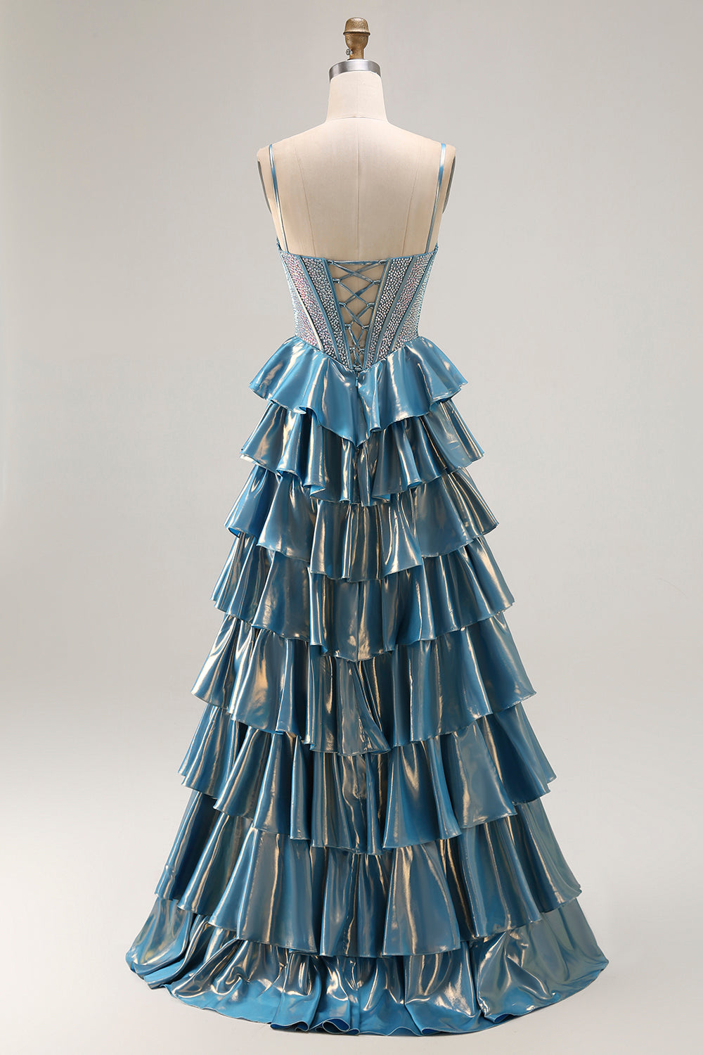 Metallic Blue A-Line Beaded Tiered Long Corset Prom Dress with Bow