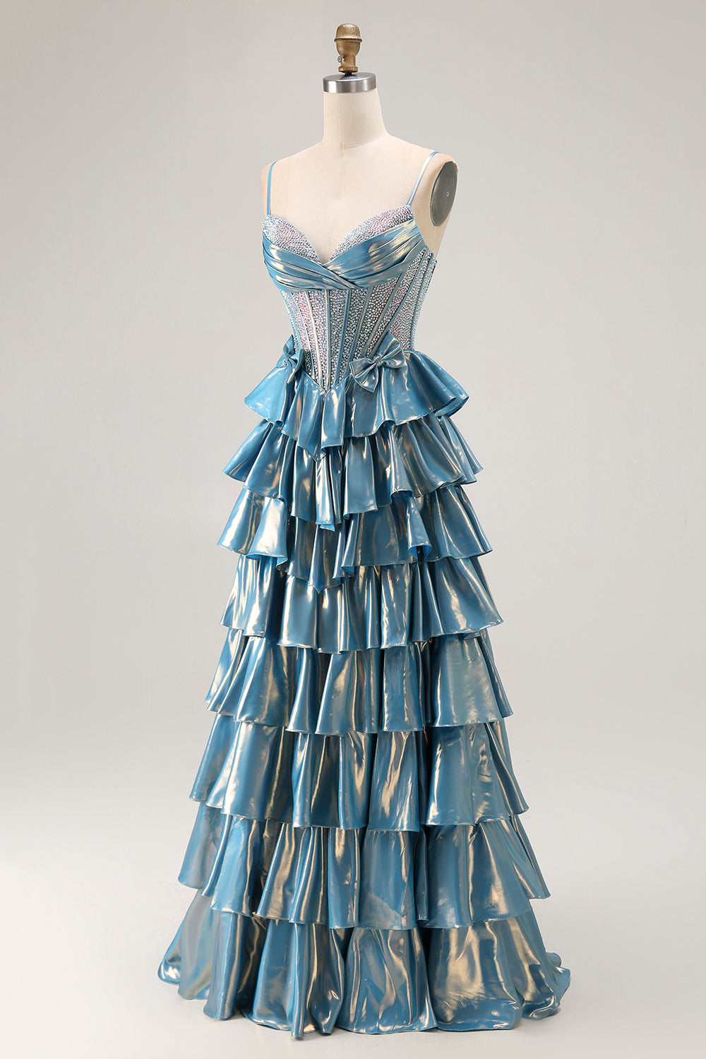 Metallic Blue A-Line Beaded Tiered Long Corset Prom Dress with Bow