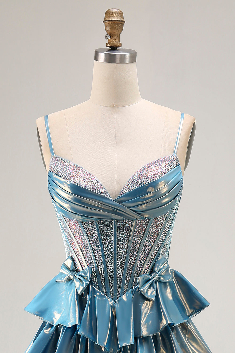 Metallic Blue A-Line Beaded Tiered Long Corset Prom Dress with Bow