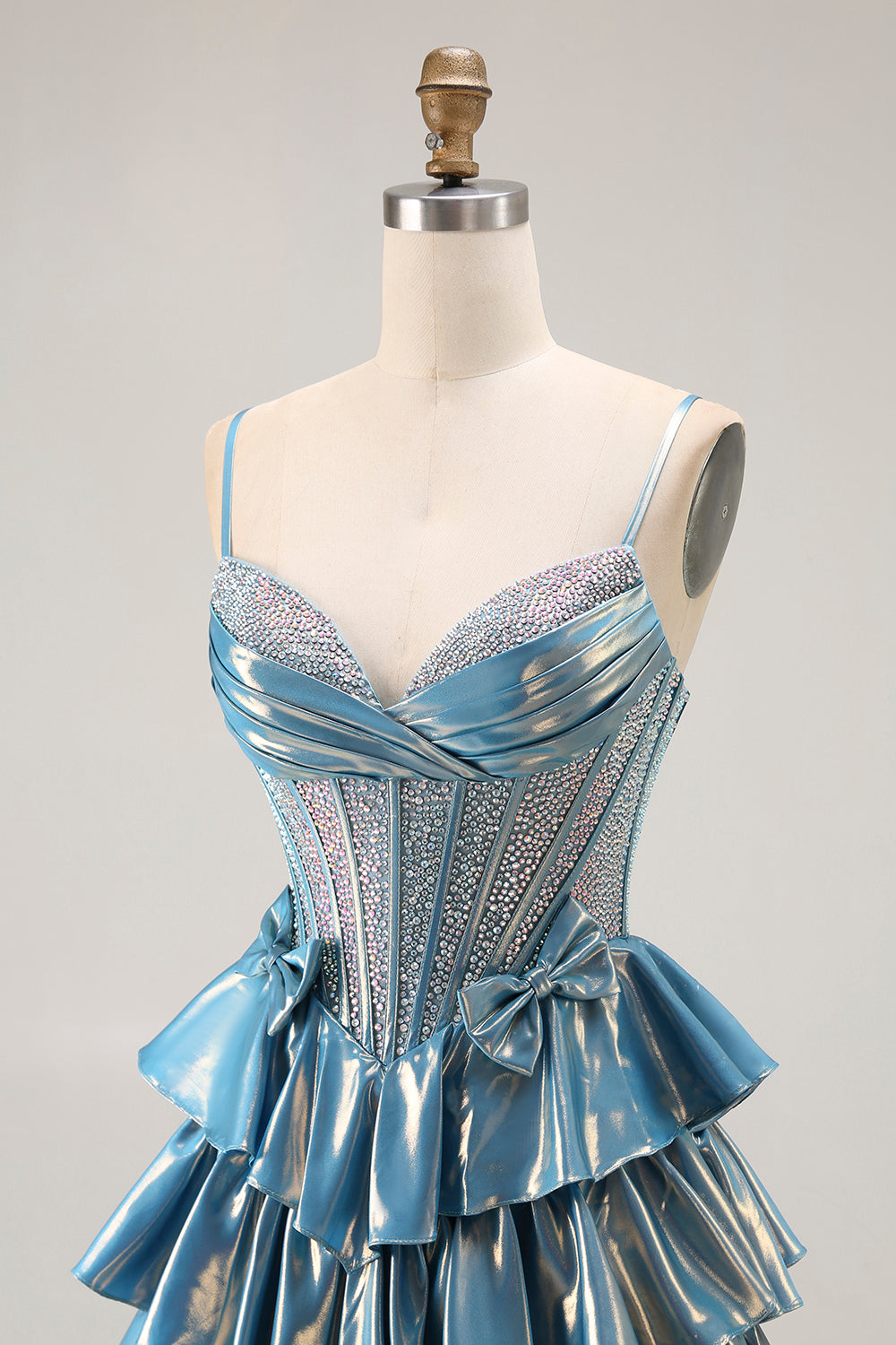 Metallic Blue A-Line Beaded Tiered Long Corset Prom Dress with Bow