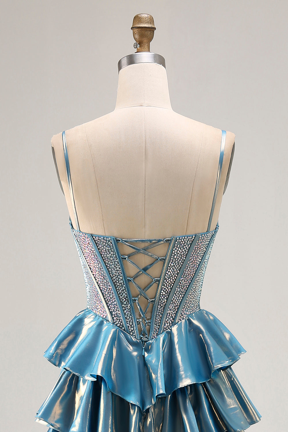 Metallic Blue A-Line Beaded Tiered Long Corset Prom Dress with Bow