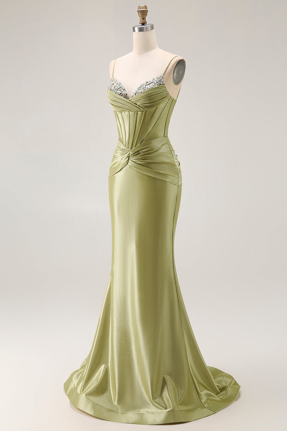 Sparkly Green Mermaid Spaghetti Straps Long Corset Prom Dress with Beading
