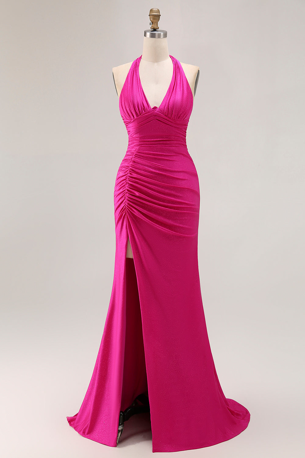 Glitter Fuchsia Halter Ruched Long Mermaid Prom Dress with Slit