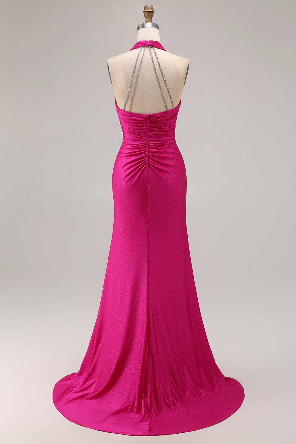 Glitter Fuchsia Halter Ruched Long Mermaid Prom Dress with Slit