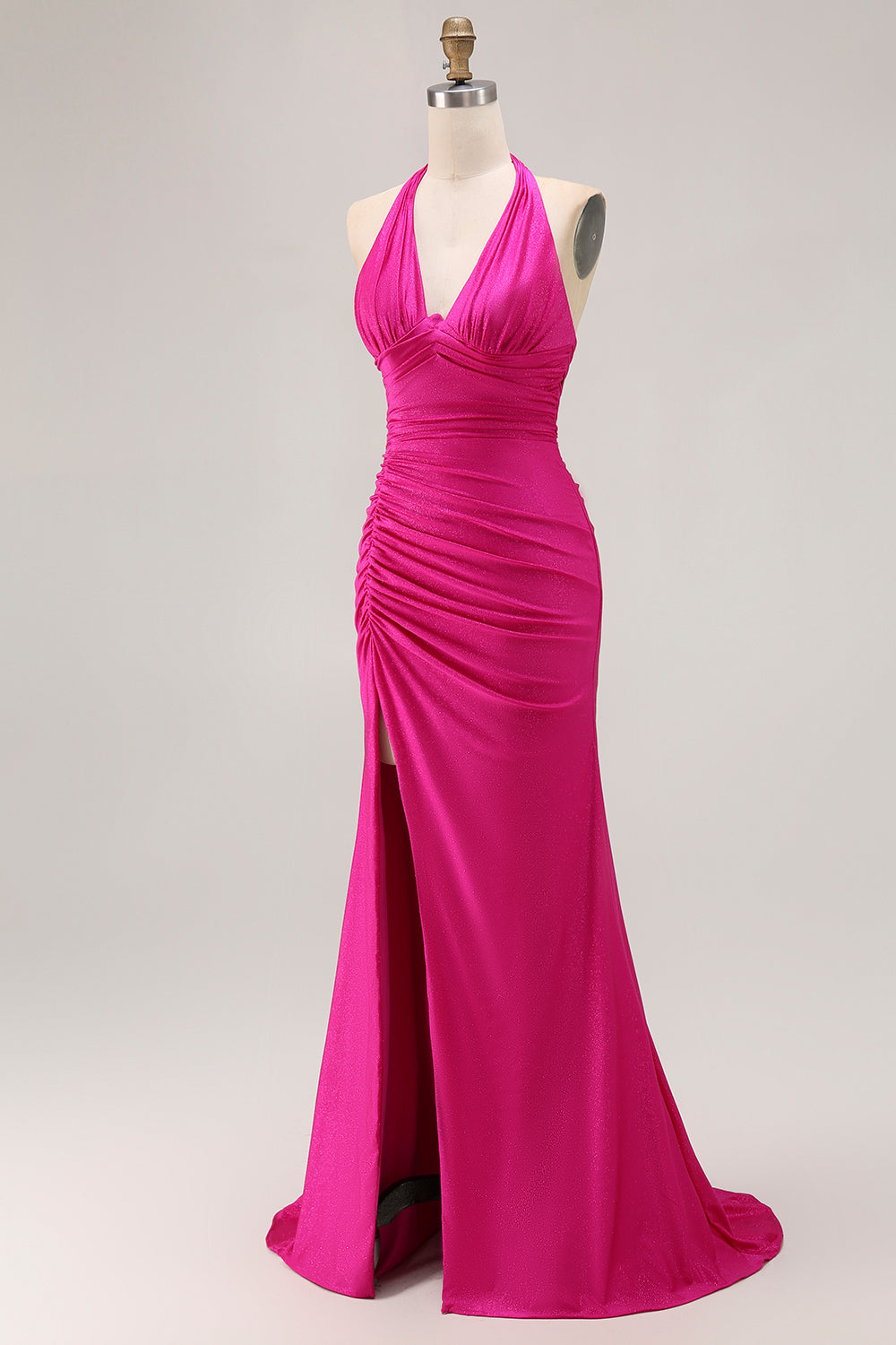Glitter Fuchsia Halter Ruched Long Mermaid Prom Dress with Slit