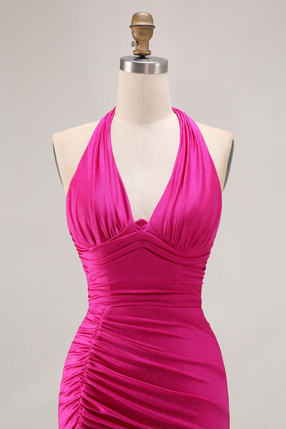 Glitter Fuchsia Halter Ruched Long Mermaid Prom Dress with Slit
